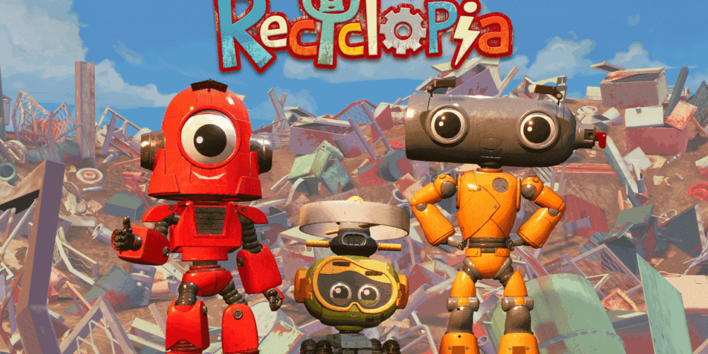 Affiche officielle de la série Recyclopia avec les 3 héros dans la décharge