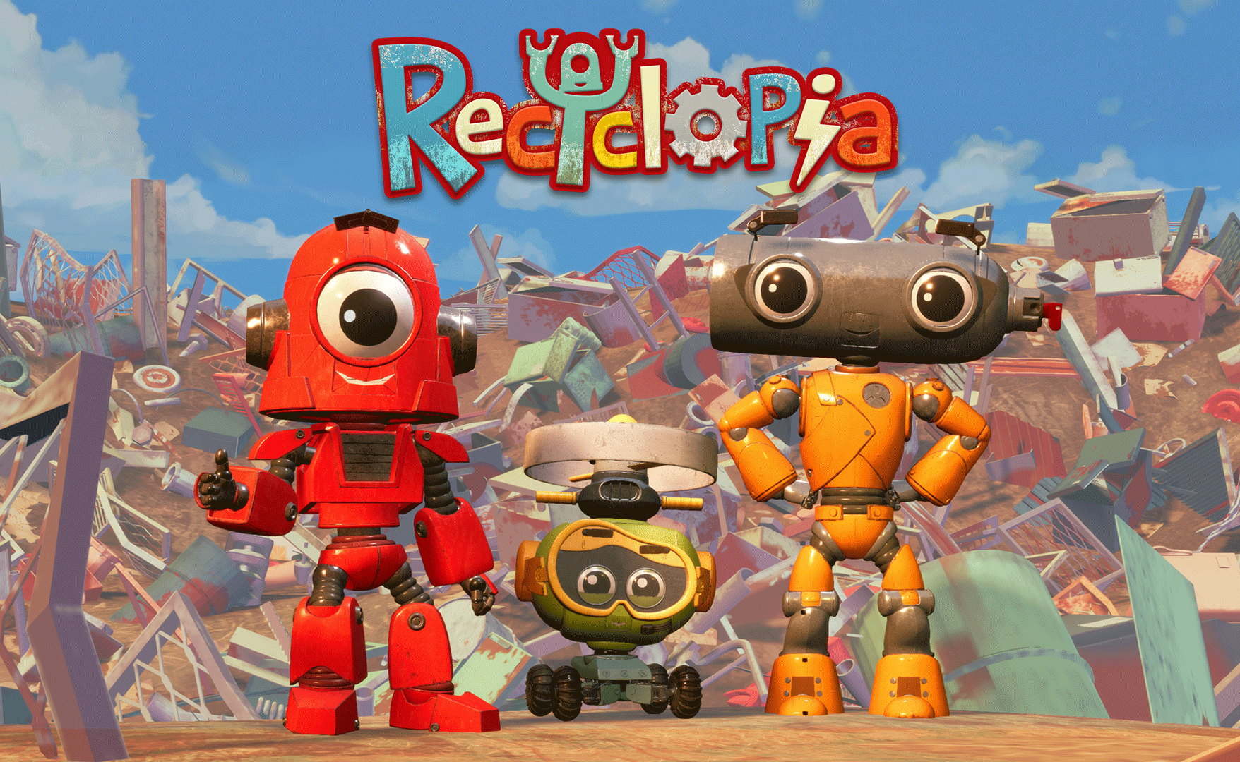 Affiche officielle de la série Recyclopia avec les 3 héros dans la décharge
