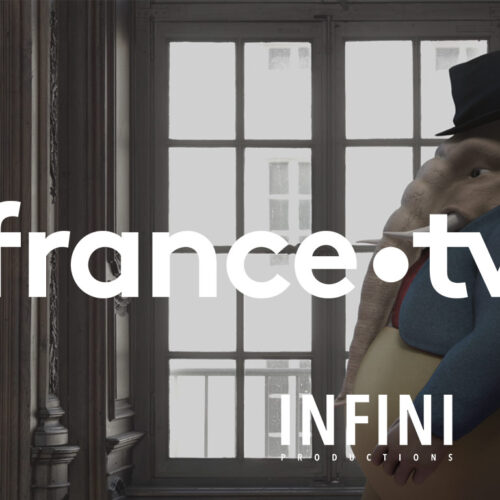 Documentaire Grandville ou l'art de singer le monde - Personnage de l'Éléphant devant la fenêtre dans une bibliothèque, logos France.TV, Infini Productions et LaClairière Production Ouest