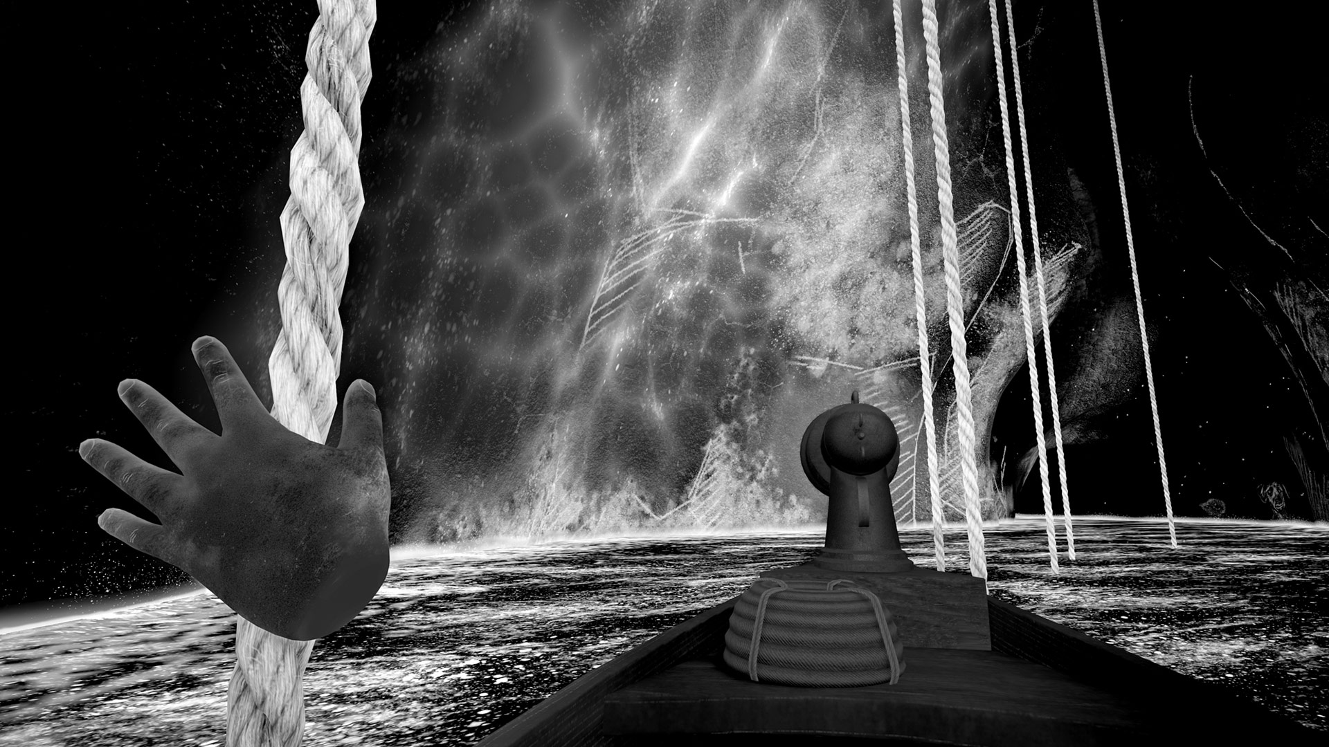 Image de l'expérience VR Becoming Lucien : Dans une caverne en noir et blanc, à l'avant d'une barque, une main ouverte en vue subjective cherche à attraper une corde suspendue verticalement (de Lucien, production Morituri)