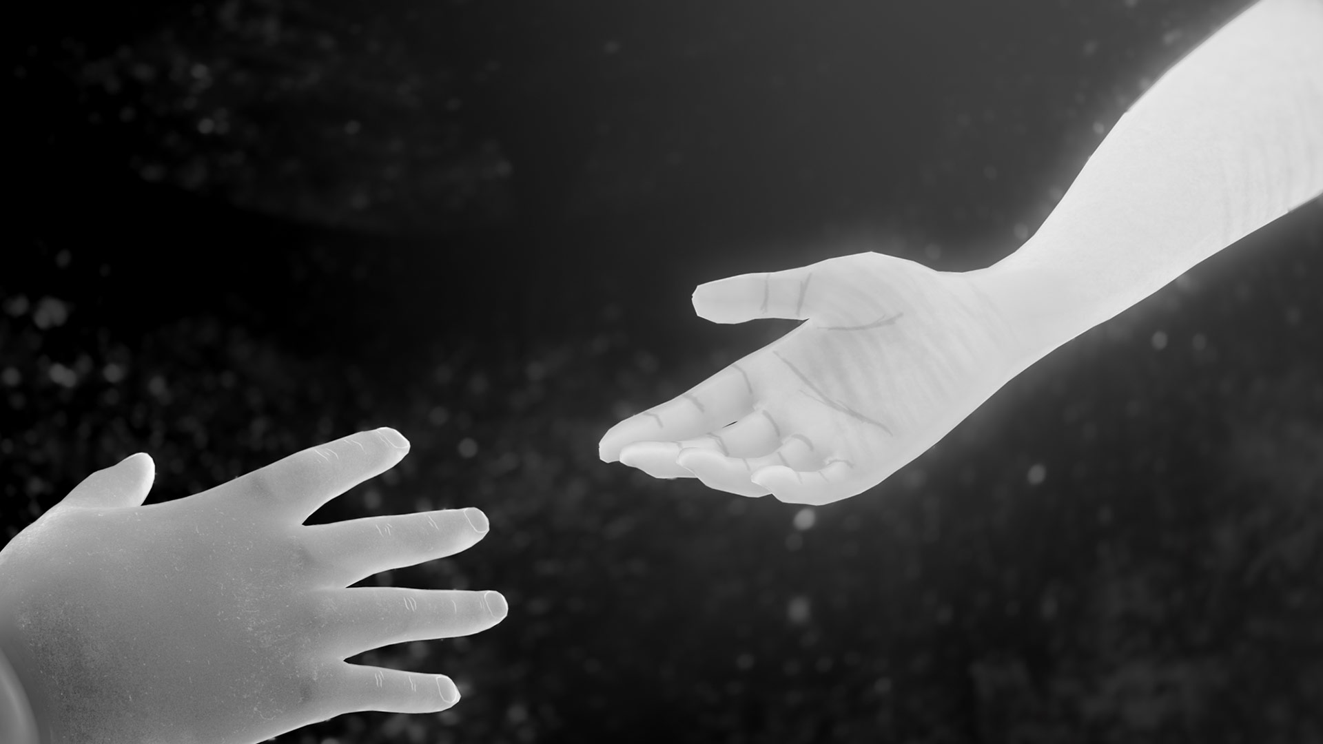 Image 3D en noir et blanc et vue subjective d'une main tendue vers une autre main (extrait du documentaire en réalité virtuelle Becoming Lucien, de Lucien Pin, production Morituri)
